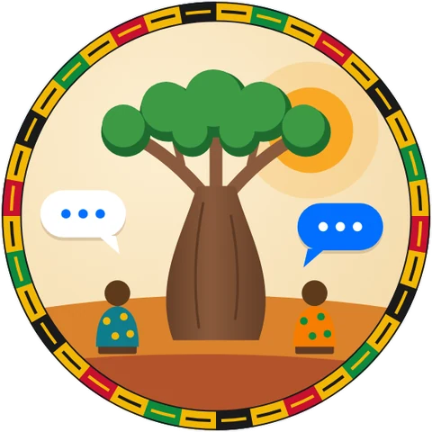 Un baobab, l’arbre à palabres, avec deux personnes assises dessous et des bulles de discussion