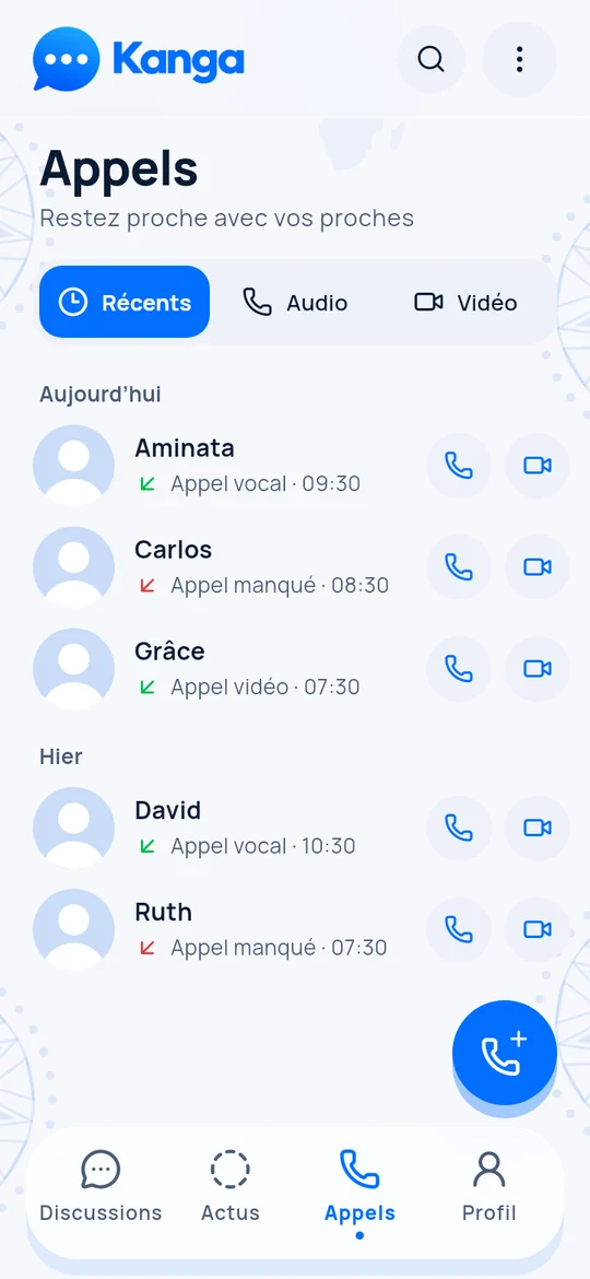 L’onglet Appels de Kanga&nbsp;: appels récents, audio et vidéo