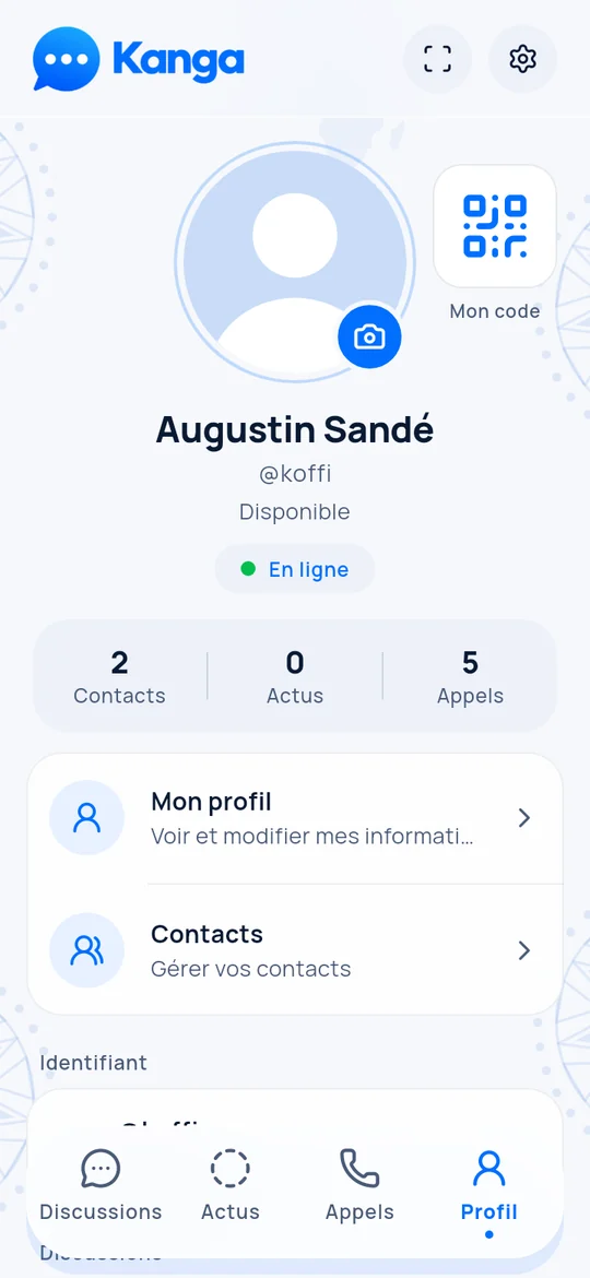 Le profil, avec le @identifiant et le code QR