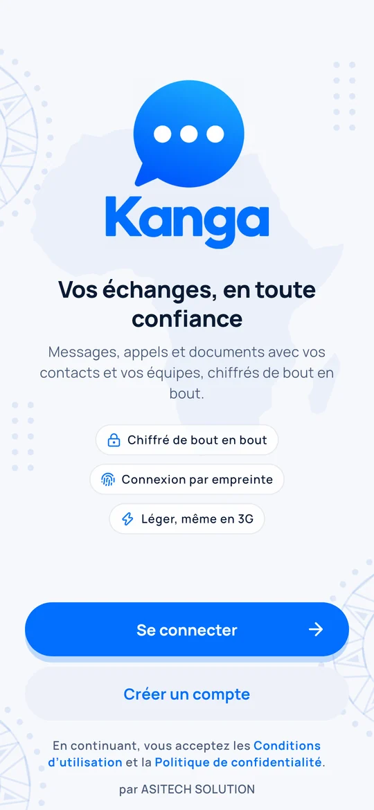 L’écran d’accueil de Kanga&nbsp;: se connecter ou créer un compte